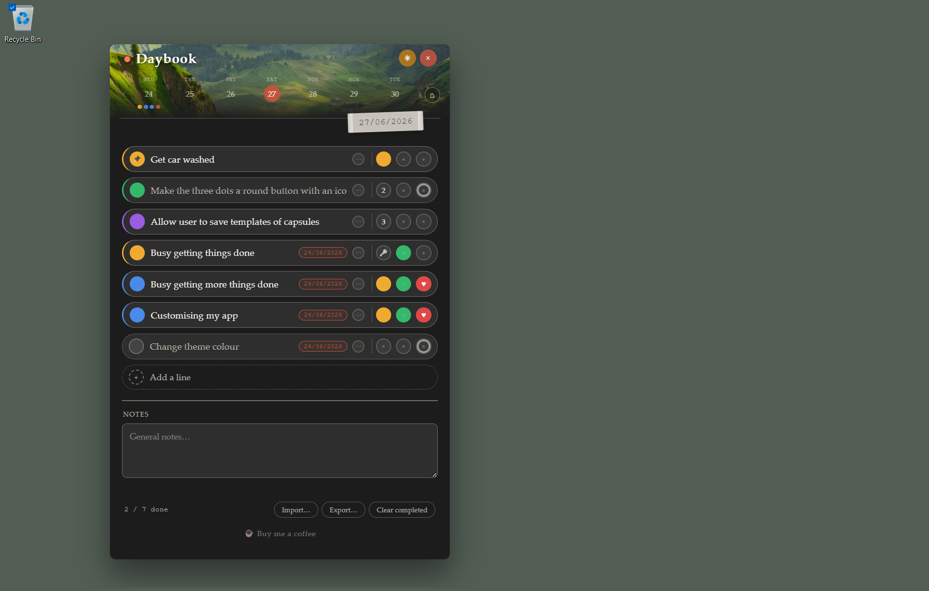 Daybook running on Windows — dark mode with nature background, coloured task dots and week strip
