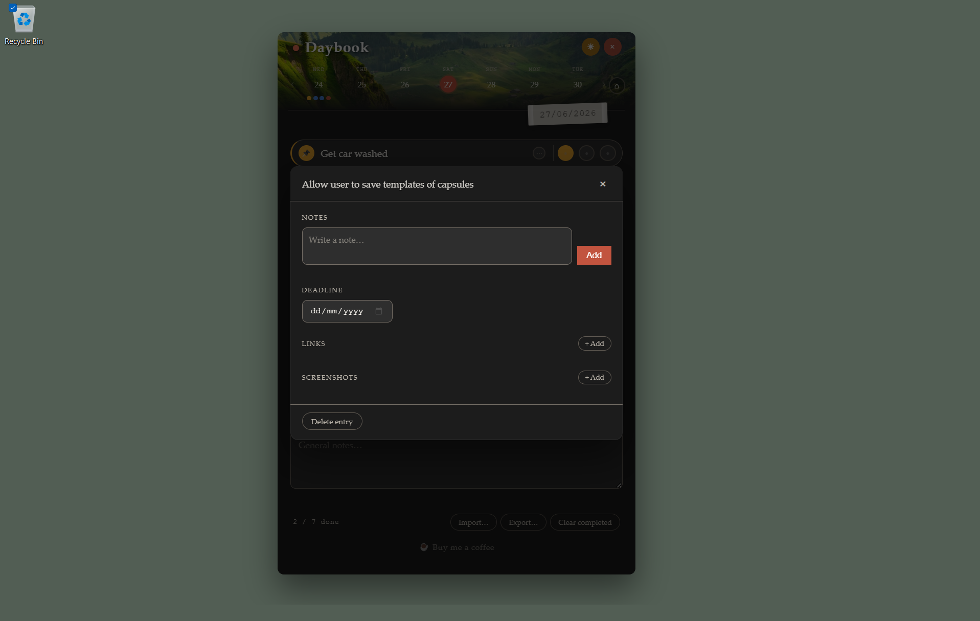 Daybook task detail panel showing notes, deadline, links and screenshots fields