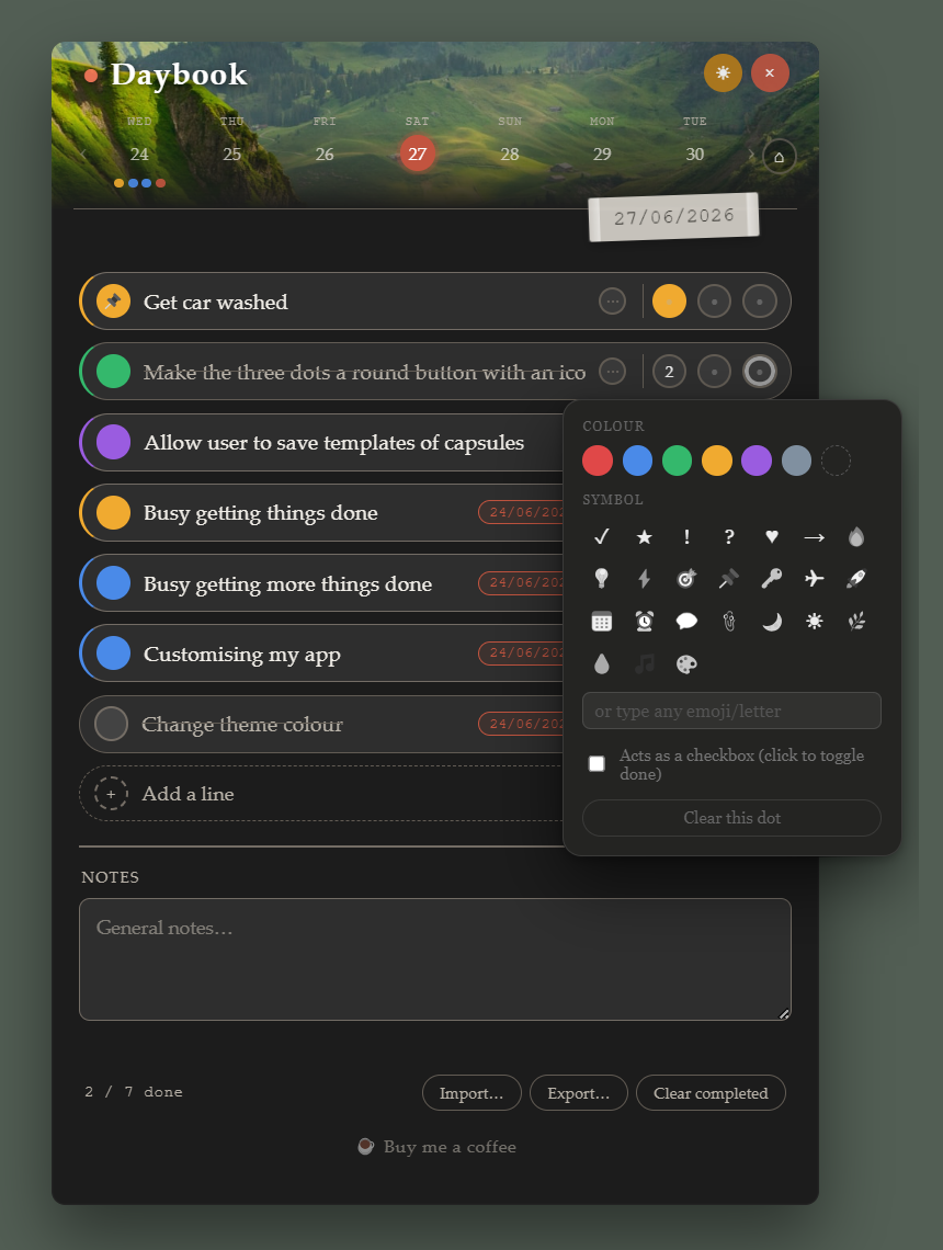 Daybook dot customisation picker showing colour swatches and symbol grid