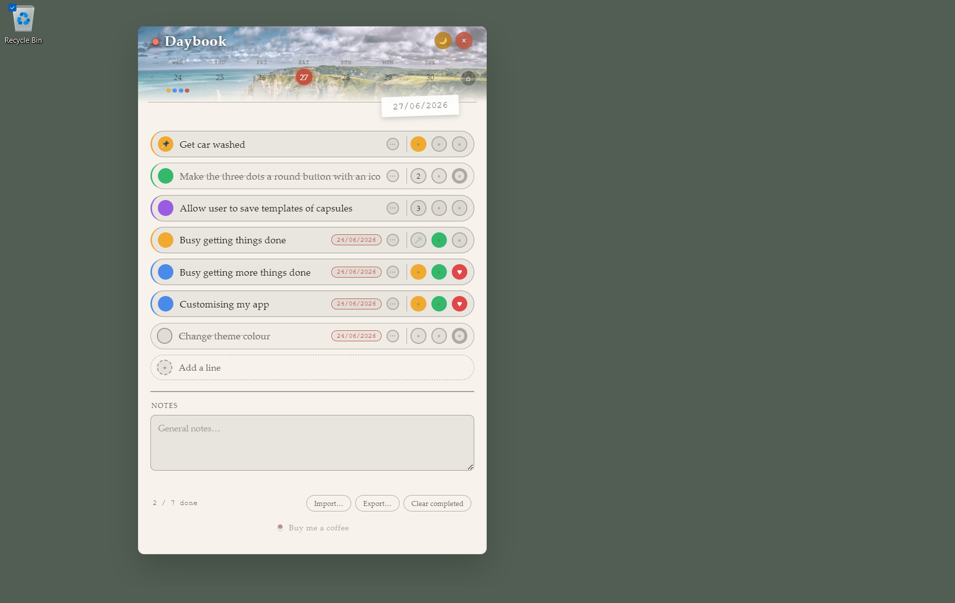 Daybook in light mode on Windows desktop