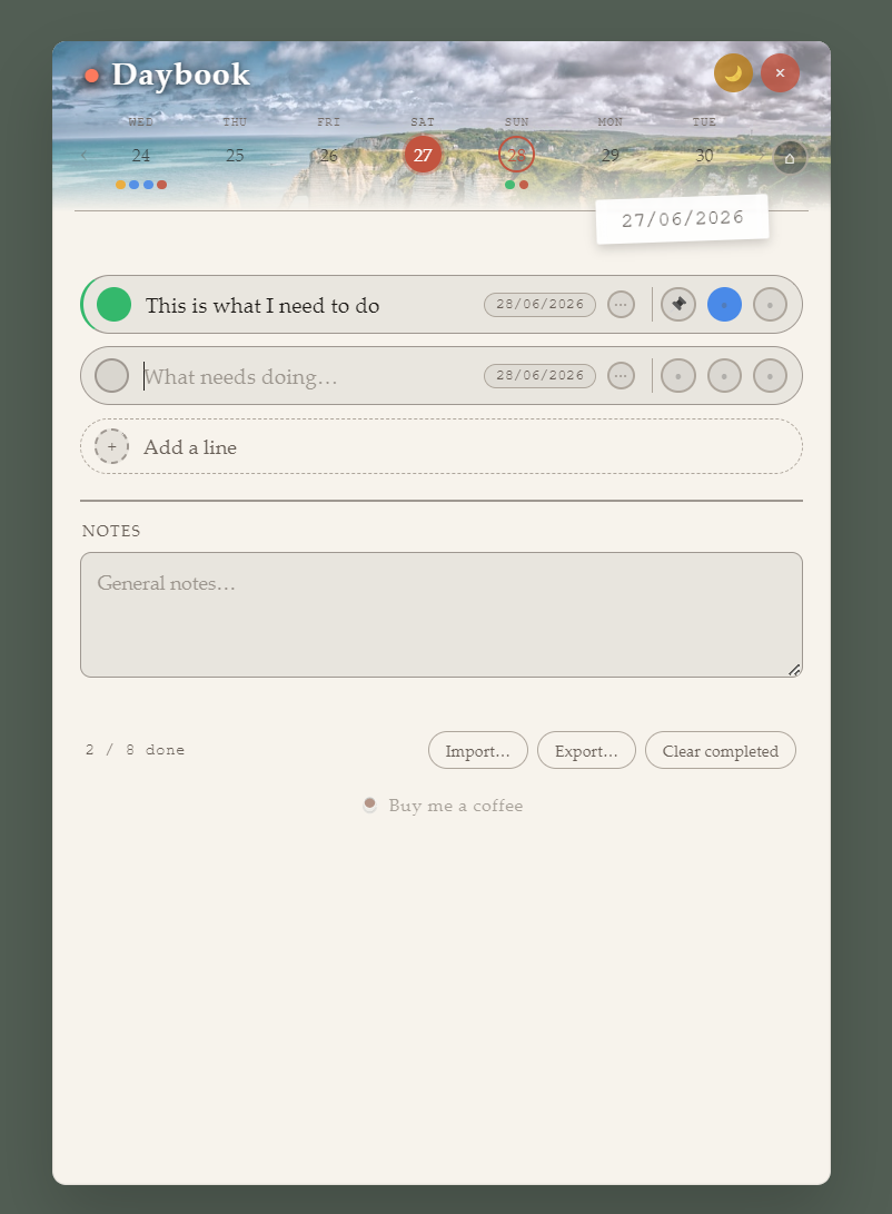 Daybook in light mode showing the task list and week navigation